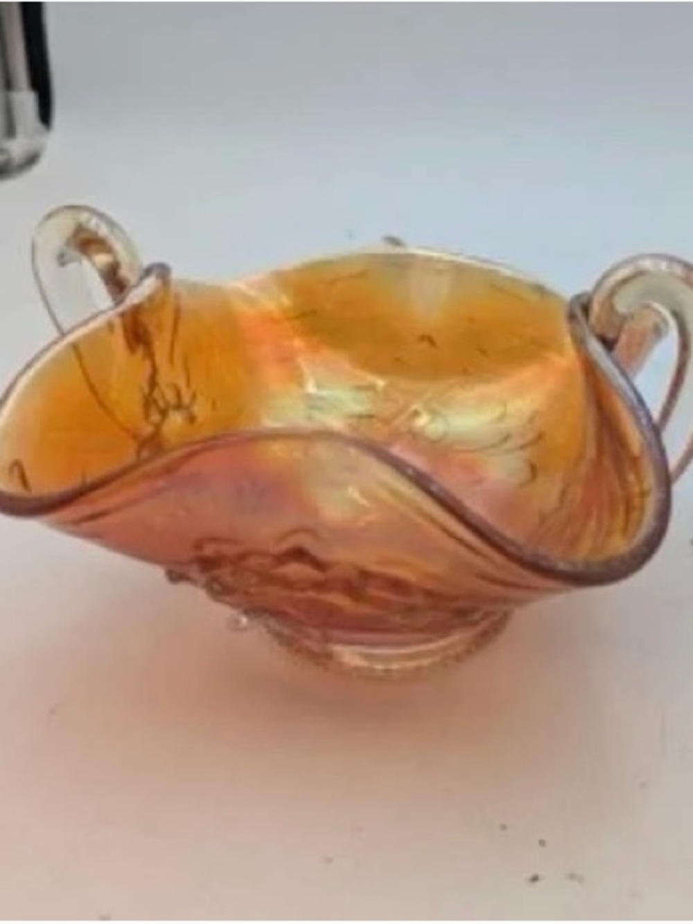 Handblown Fenton Iridescent Orange Glass Decorative Bowl